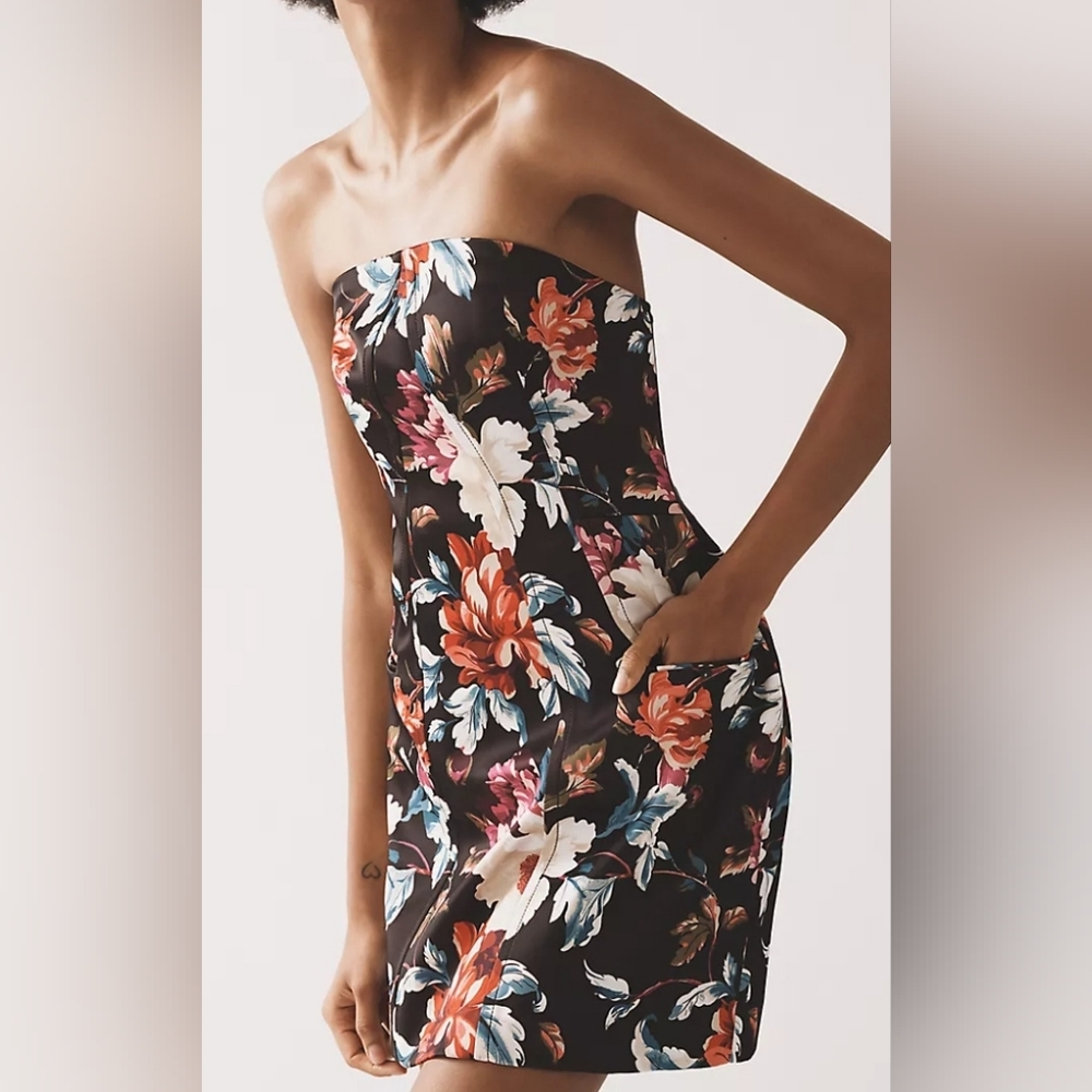 NWT Anthropologie Strapless Mini Dress Size M Blue Motif